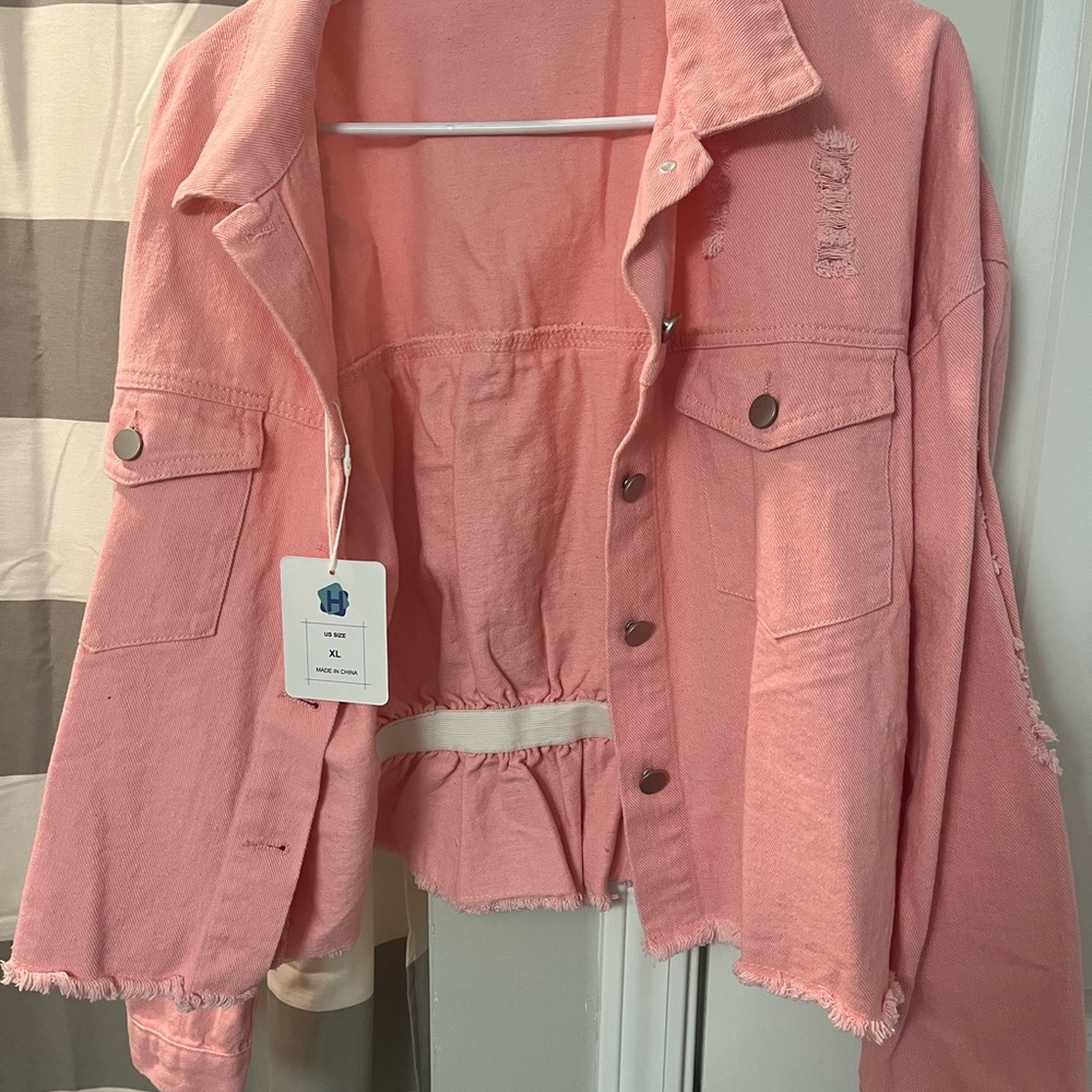 Pink Distressed Denim Jacket